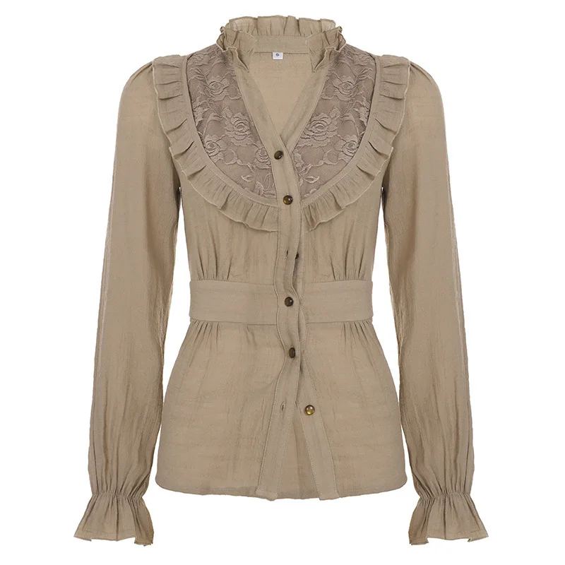 

French Retro Court Style Lace Patchwork Shirt Autumn Drawstring Tie Waist Long Sleeved Top For Women