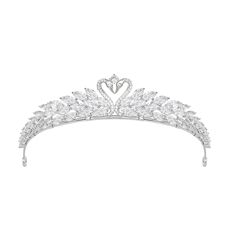 Fashion Two Swan Design Crown Creative Cubic Zirconia Silver Plated Metal Brass Princess Tiaras And Crowns for Women