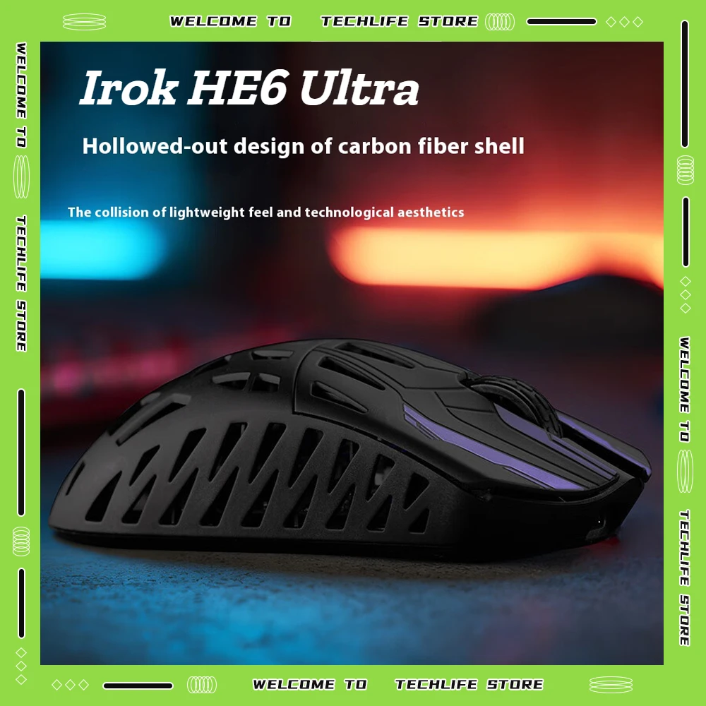 

IROK HE6 ULTRA Carbon fiber Wireless Gaming Mouse Dual 8K Polling Rate PAW3950 Lightweight Ergonomic Esports PC Gaming Mouse