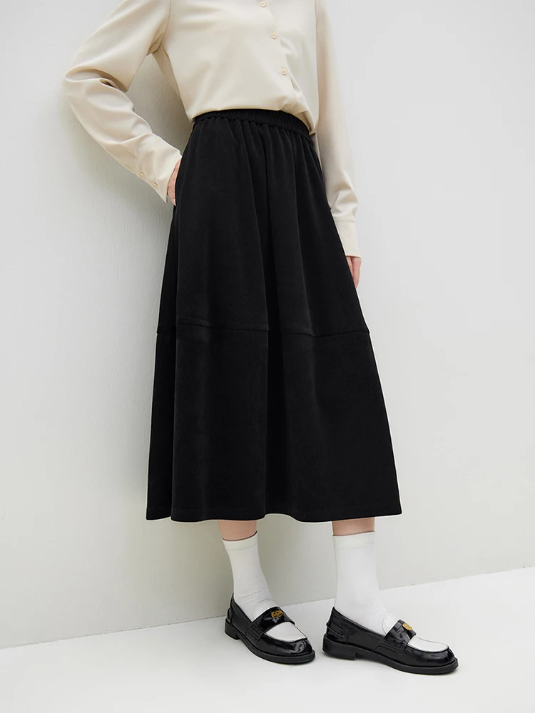 FSLE French Literary Retro Velvet Solid Color Skirt for Women 2023 New Winter Elastic High-waisted Corduroy A-line Skirt Female