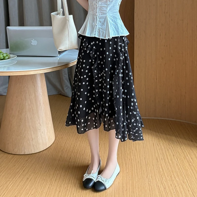 Elegant Women Polka Dot Chiffon Skirt Summer Ruffles A-line Midi Skirt Female Vacation Casual Skirt 2026 Summer New