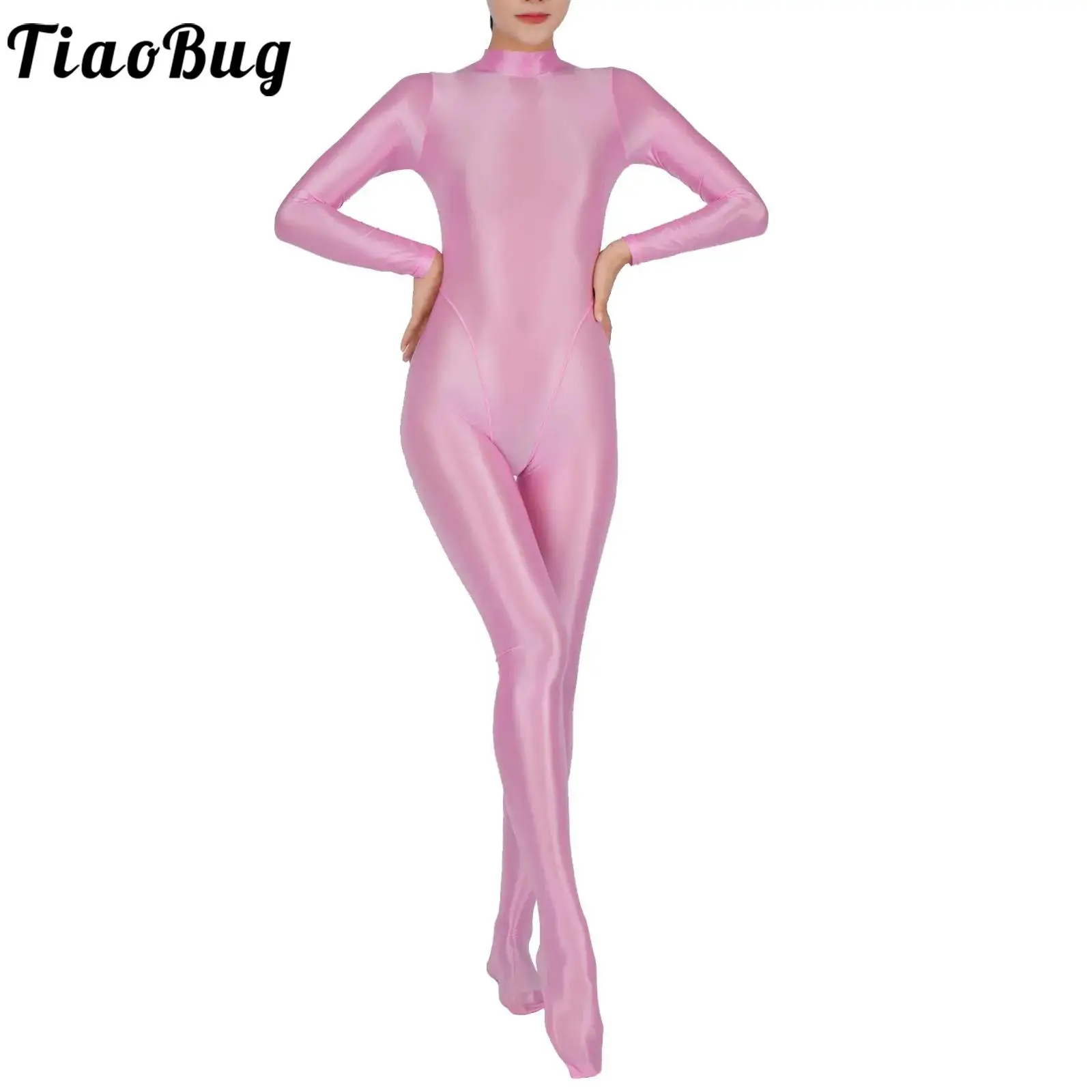 

Womens Glossy Jumpsuit Nylon Tight Oil Shiny Full Body Suit Mock Neck Long Sleeve Bodystockings Overalls Sport Dancewear