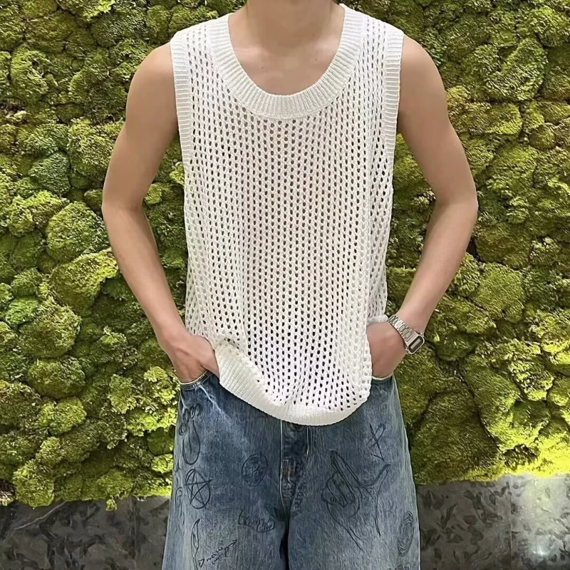 Men Hollow Out Mesh Loose Casual Vests Sports Street Sleeveless O-Neck Tank Kntiwears Tops Summer Quick Dry Erotic Top