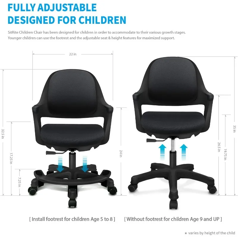 Ergonomic Kids Desk Chair with Footrest, Height Adjustable Seat, Comfortable Cushion Study Computer Task Chair