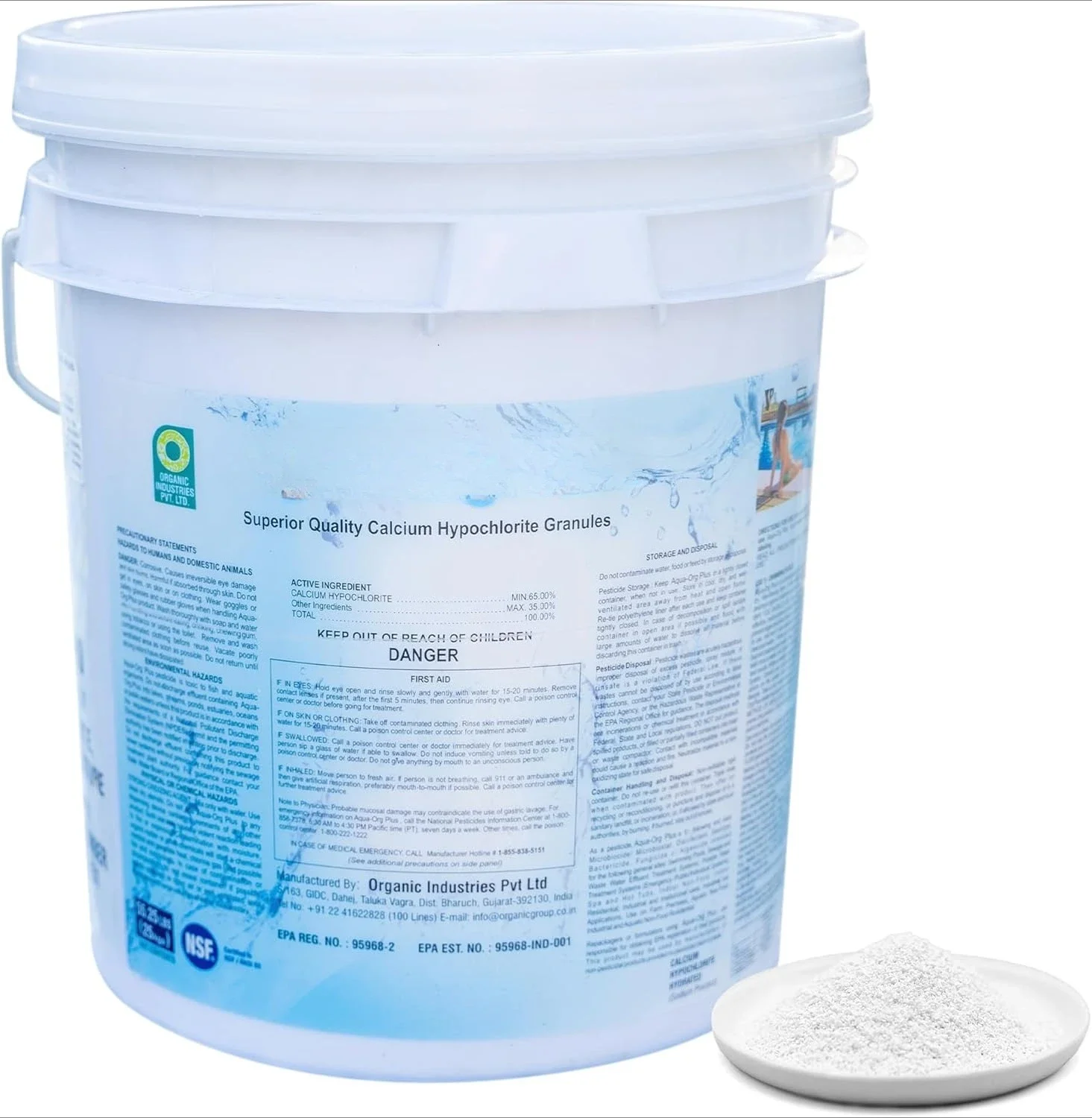 Pool Shock by Aqua Org Plus - 65% Granular Cal Hypo - Swimming Pool Shock for In-Ground, Above , Spas & Hot Tubs - 50 Pound Pail