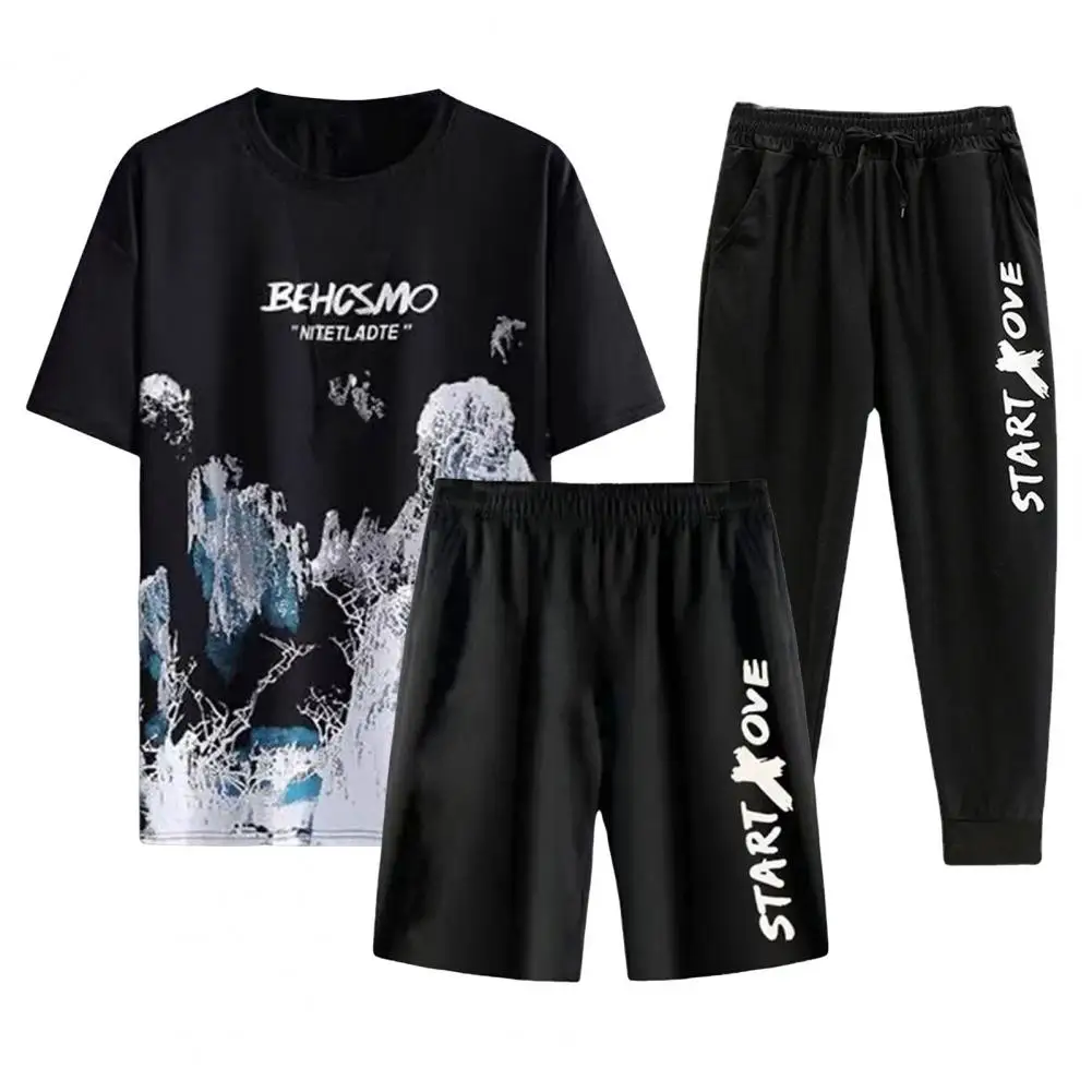 Men Three-piece Suit Set Men's Summer Outfit Set with O-neck Short Sleeve T-shirt Loose Fit Shorts Two Piece for Men for Wear