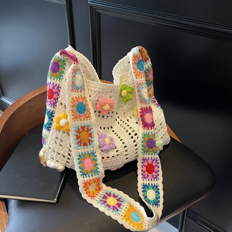 Large Capacity Boho Tote Bag Trendy Floral Crochet Handbag Vintage Multicolor Cut-out Knitted Handbag Fashionable Hollow out