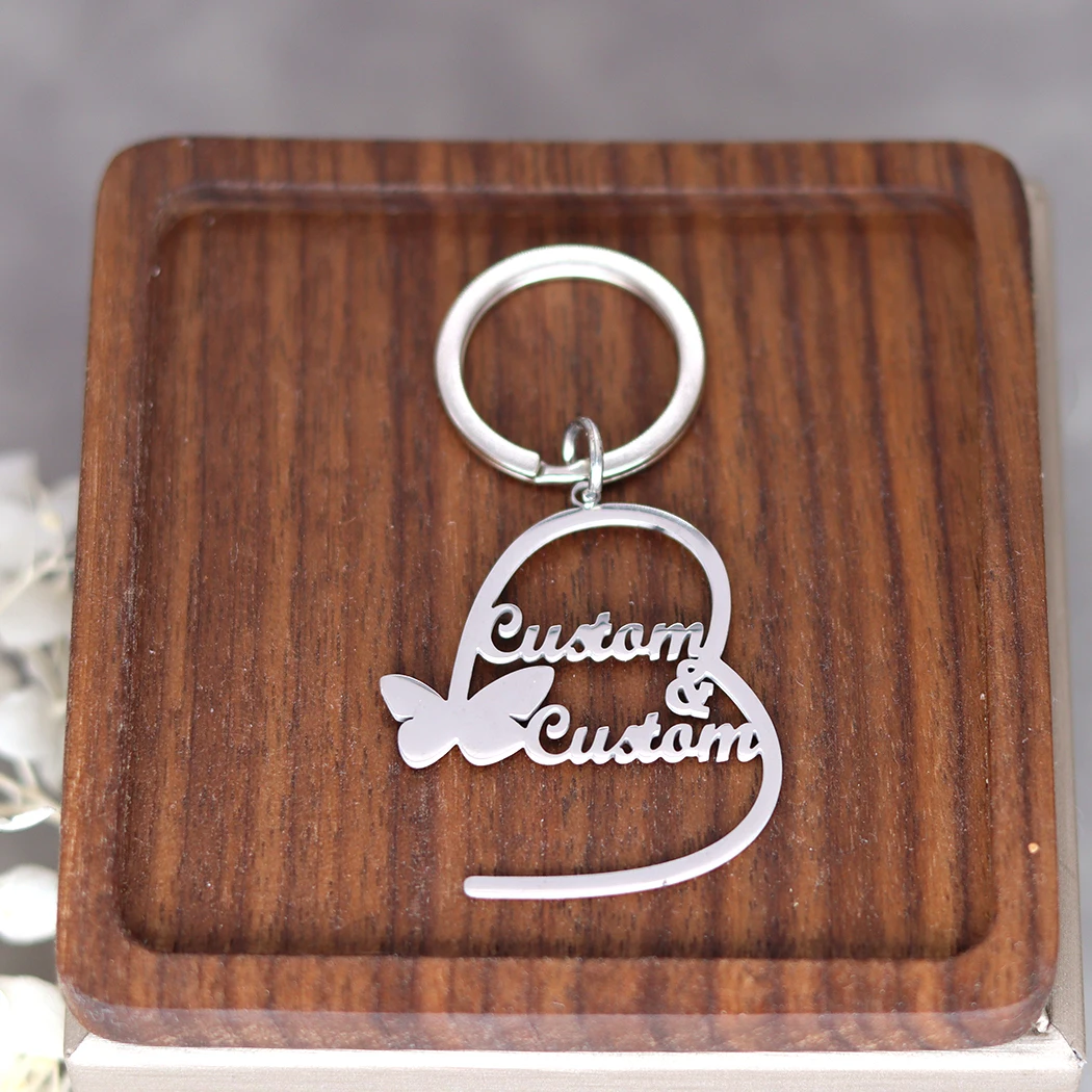 QIMING Personalized Custom Two Name Keychain For Men Stainless Steel Customized Butterfly Key Ring Jewelry Birthday Gift