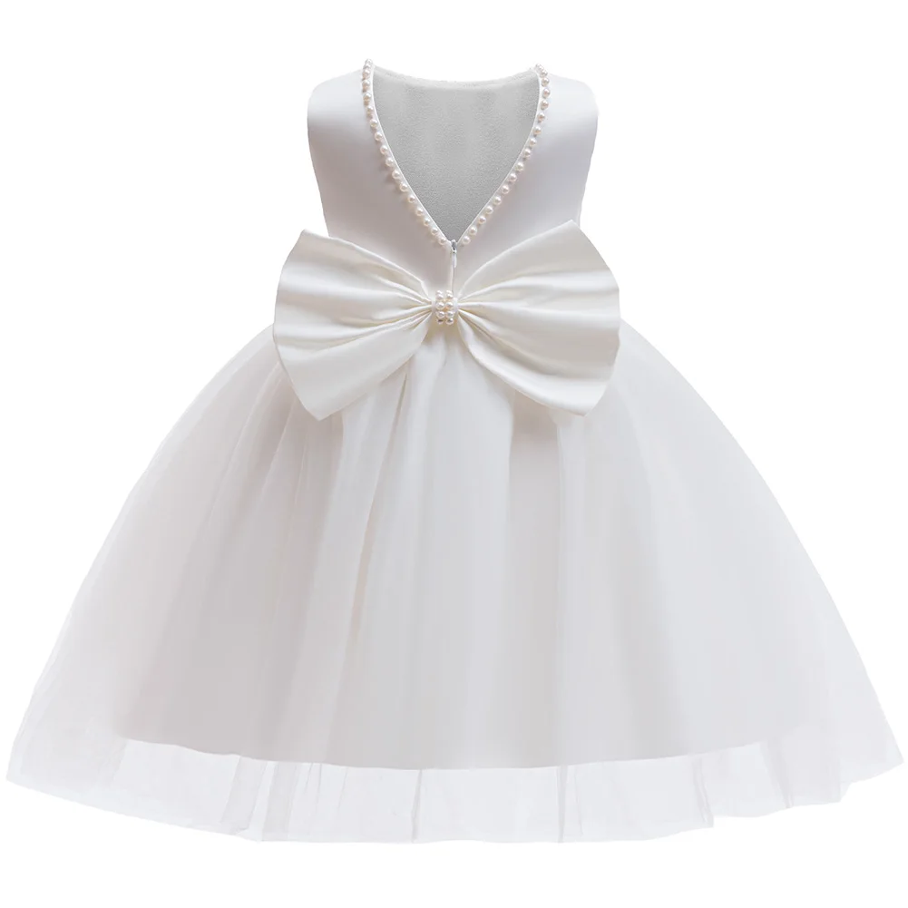 

Flower Girls Dresses Ruffle V-Back Bow Tulle Dress For Children Pageant Birthday Party Wedding White First Communion Prom Gown