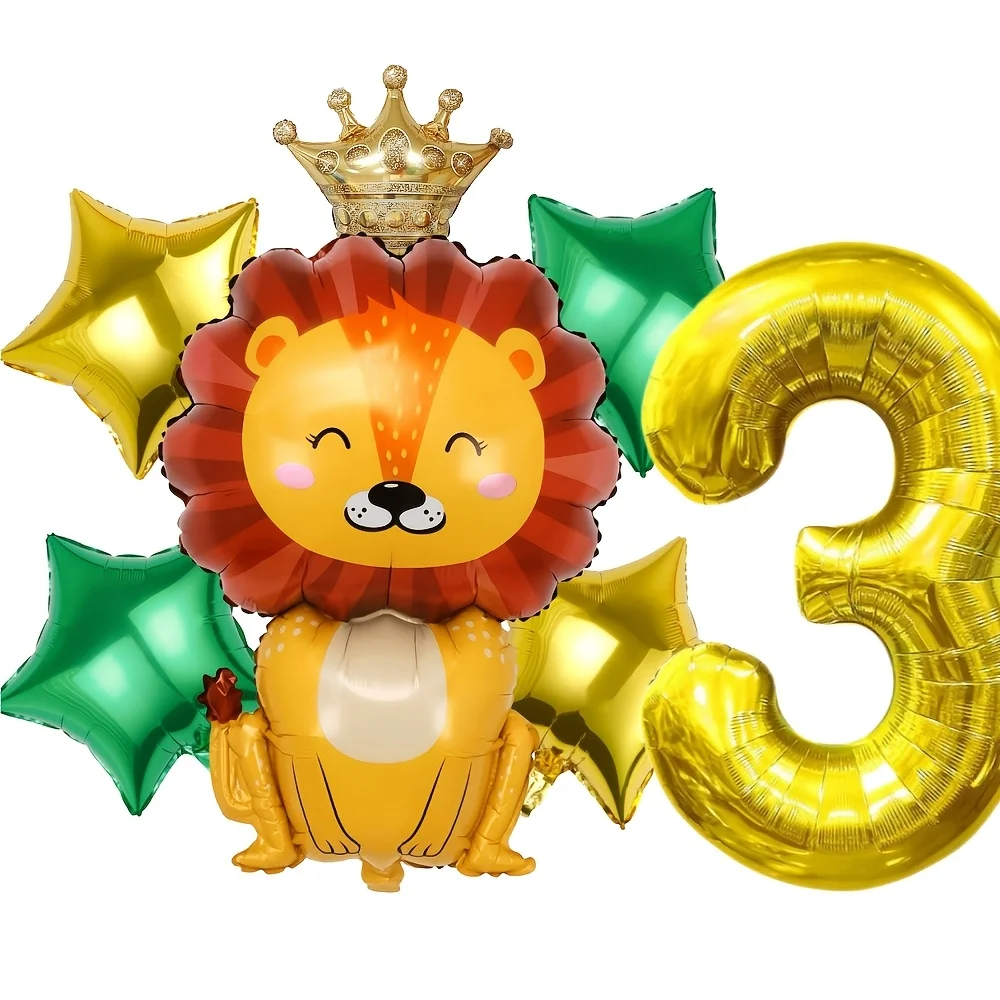 6pcs Lion King Number Balloon Set, Crown Lion Gold Green Star Foil Balloons for Lion King Theme Birthday, Jungle Safari Party, B - view 5