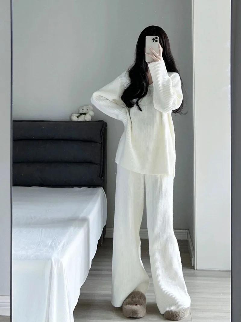 Autumn Korean Fashion 2 Pieces Women Sets Knitted Tracksuit V-neck Sweater and Straight Jogging Pants Suits Casual Wear Y2k