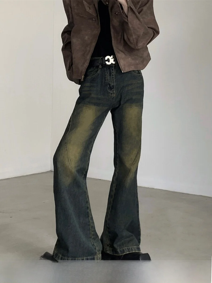 

High Waist Straight Leg Men's Jeans Vintage Washed Distressed Denim Flared Pants Casual Youth Trend Autumn Mountain Wind