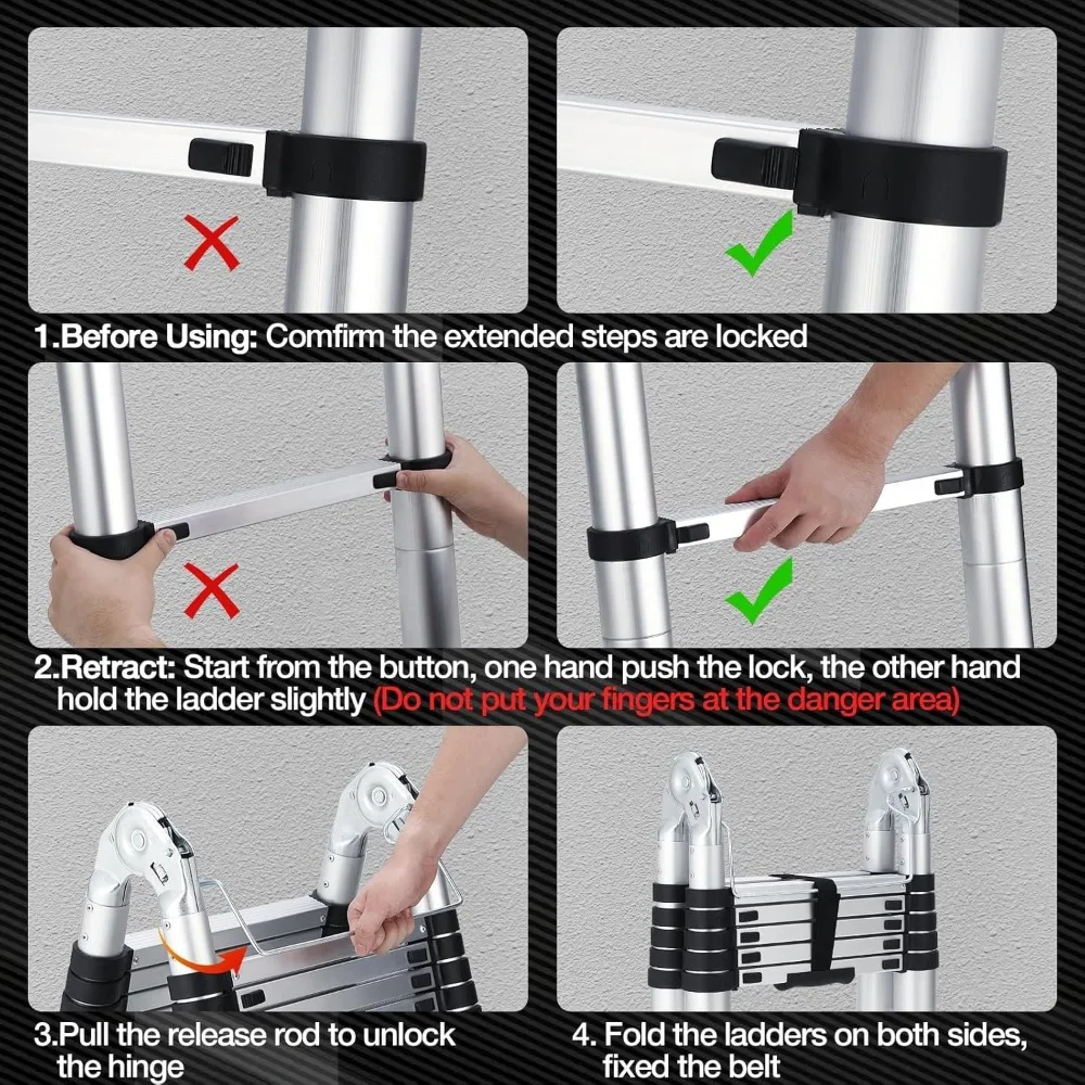 12.5 FT Telescopic Ladder, Aluminium Silver A Frame Telescoping Ladder, Portable Extension Ladder with Non-Slip Feet