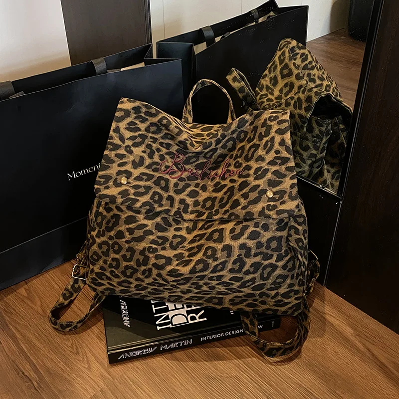Leopard Print Canvas Backpack for Girls Fashion Large Capacity Casual Travel Daypack Minimalist College School Bag for Students
