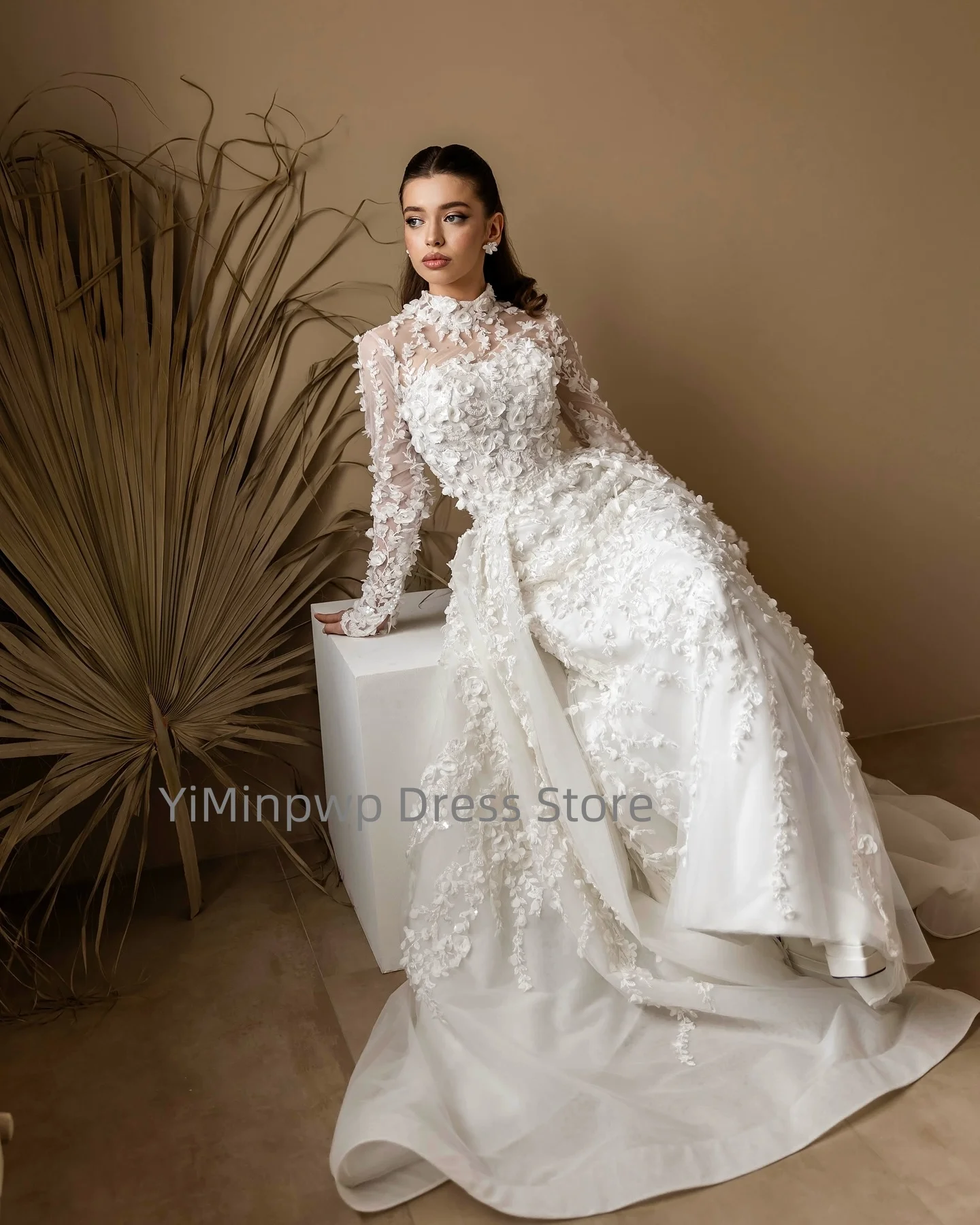 Vestidos de casamento requintados, gola alta, manga longa, sereia, vestido de noiva, flor, trem de varredura, vestido de noiva personalizado