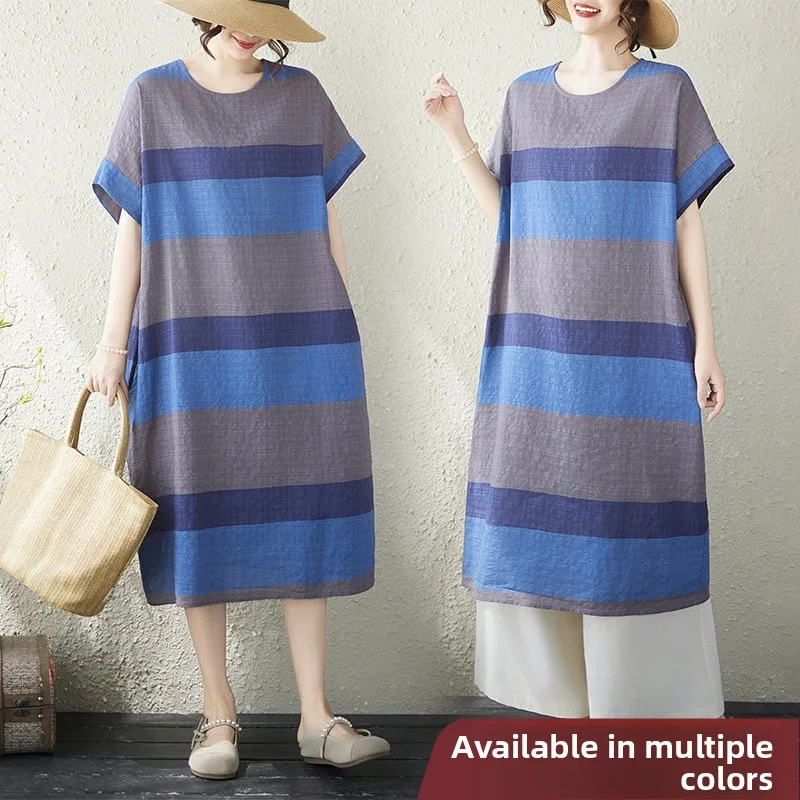 

Skin-friendly Artistic Cotton Blend Short Sleeve Midi Dress round Neck Thin Cotton Twist Loose Fit Summer Dress for Women