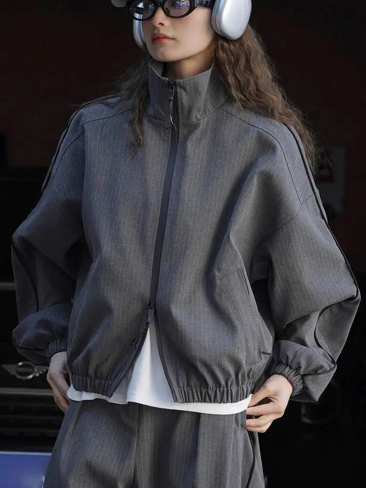

Drawstring Navy Blue Striped Big Size Jacket New Stand Collar Long Sleeve Women Coat Fashion Spring Autumn 2026 1DH6R