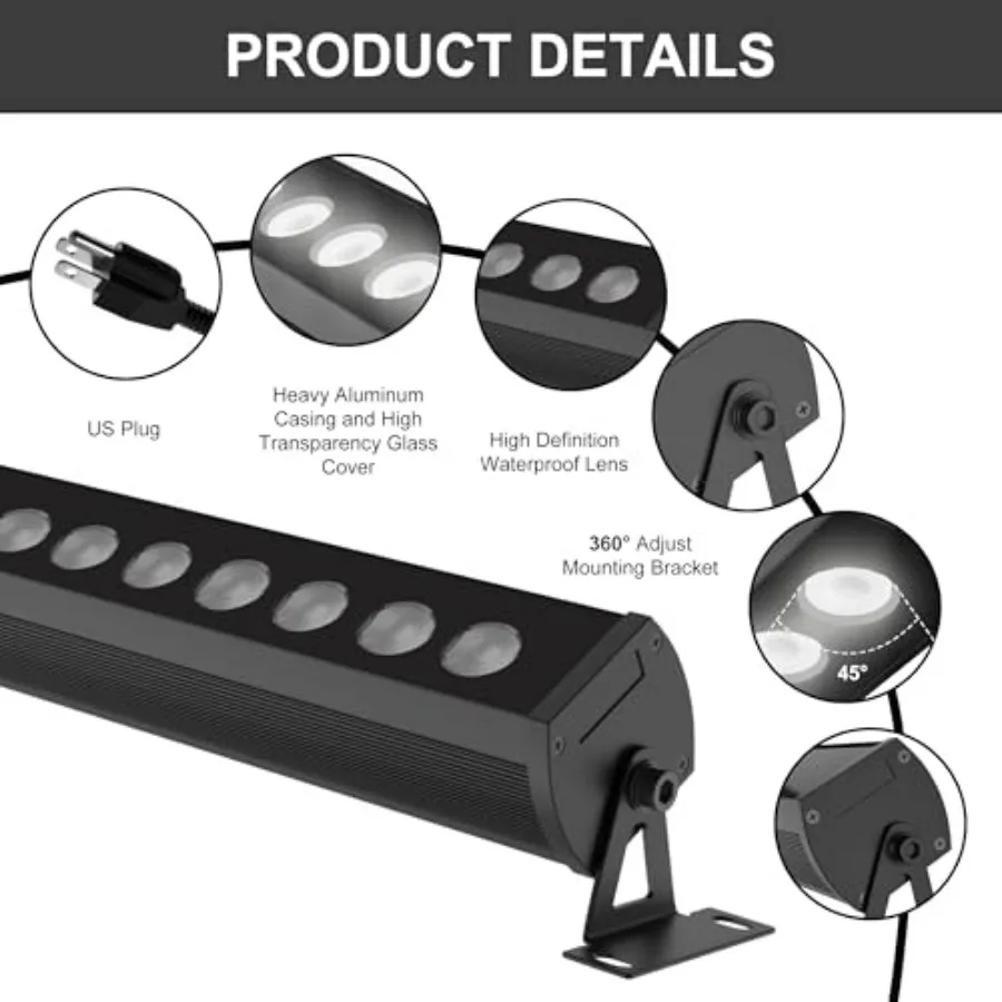 40″ LED Wall Washer Light Bar 36W Outdoor Light IP65 120V AC Plug-in LED Flood Bar with 360° Adjustable Mount Brackets for Wall