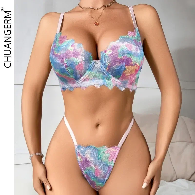 

CHUANGERM Lingerie Sexy Bra Set Colorful Gradient Mesh Underwire Suit See Through Intimate Thong Panty Two Piece Erotic Sets