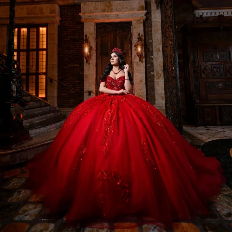 

Red Quinceanera Dress off-shoulder Sequins 3D Flower Decal Long tail Big Bow vestidos de 15 Quinceanera ﻿Customize