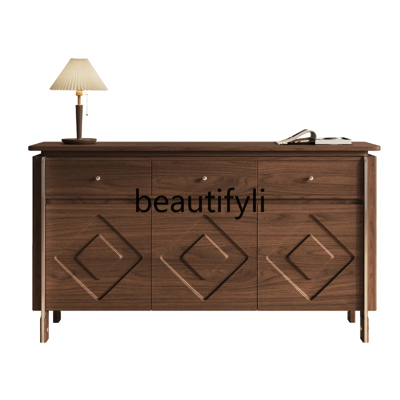 

Walnut dining side cabinet Modern simple tea cabinet Storage solid wood medium and ancient style entrance cabinet