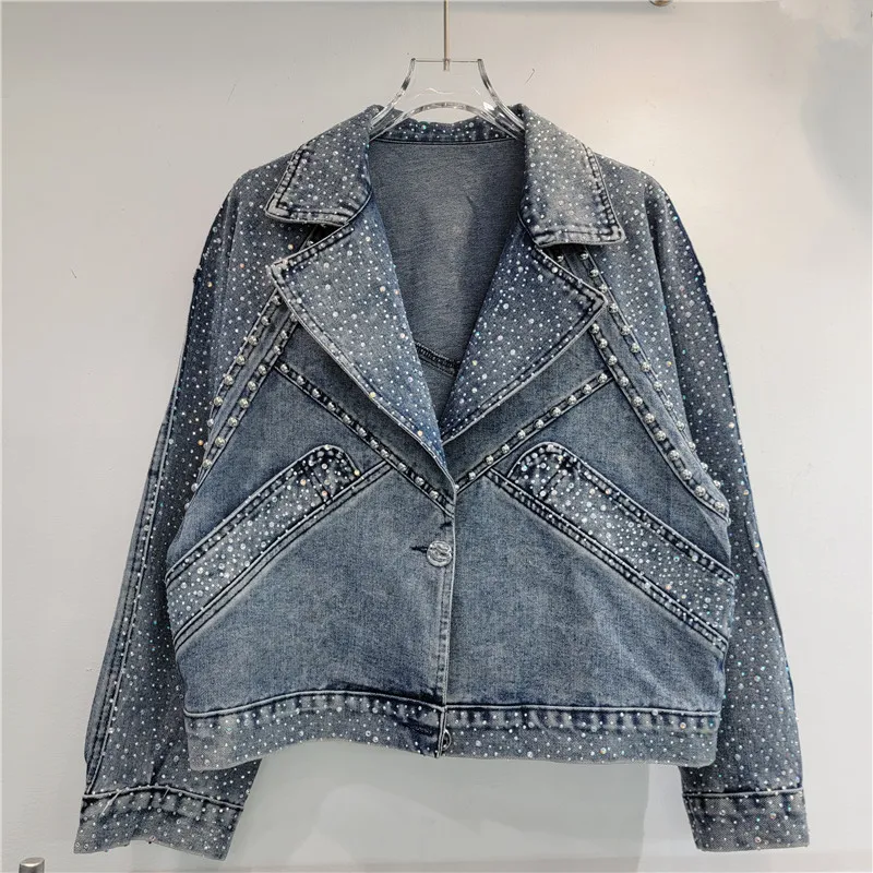 

Vintage Denim Jacket Women's Short Jean Coat New Spring and Autumn Rhinestone Loose Fashion Slimming Denim Jackets Streetwear