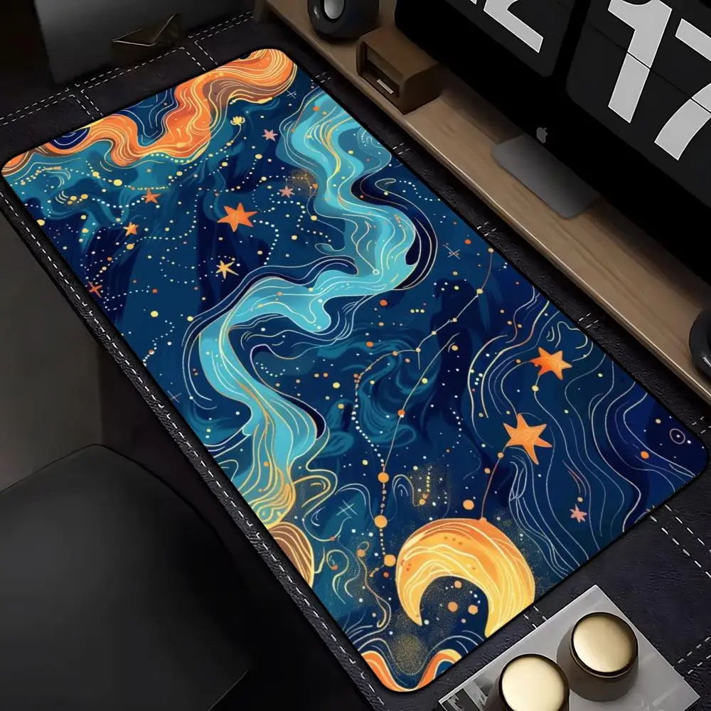 Large Gaming Mouse Pad Desk Mat Keyboard Pad Golden Line Moon Star Swirl Nebula Blue Print NonSlip Rubber Laptop PC Gamer Office