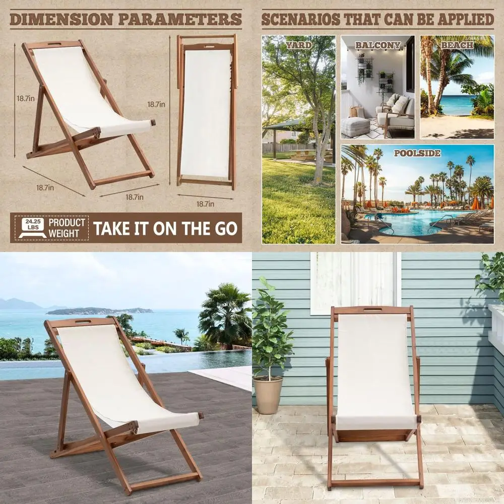 

Portable Reclining Beach Chairs Set with Solid Wood Frame, White Polyester Canvas, 3-Level Adjustable, Khaki