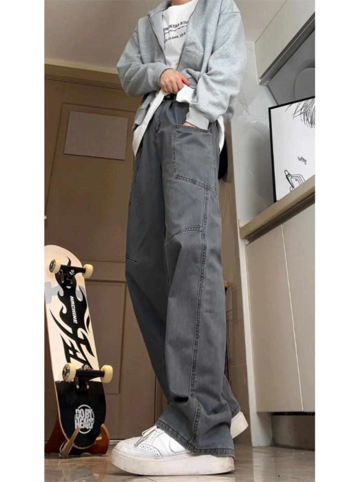 

ey Vintage American Sle Logging Loose Straight Leg Jeans Men's Spring Autumn Workwear Trousers Straight Tube Pants