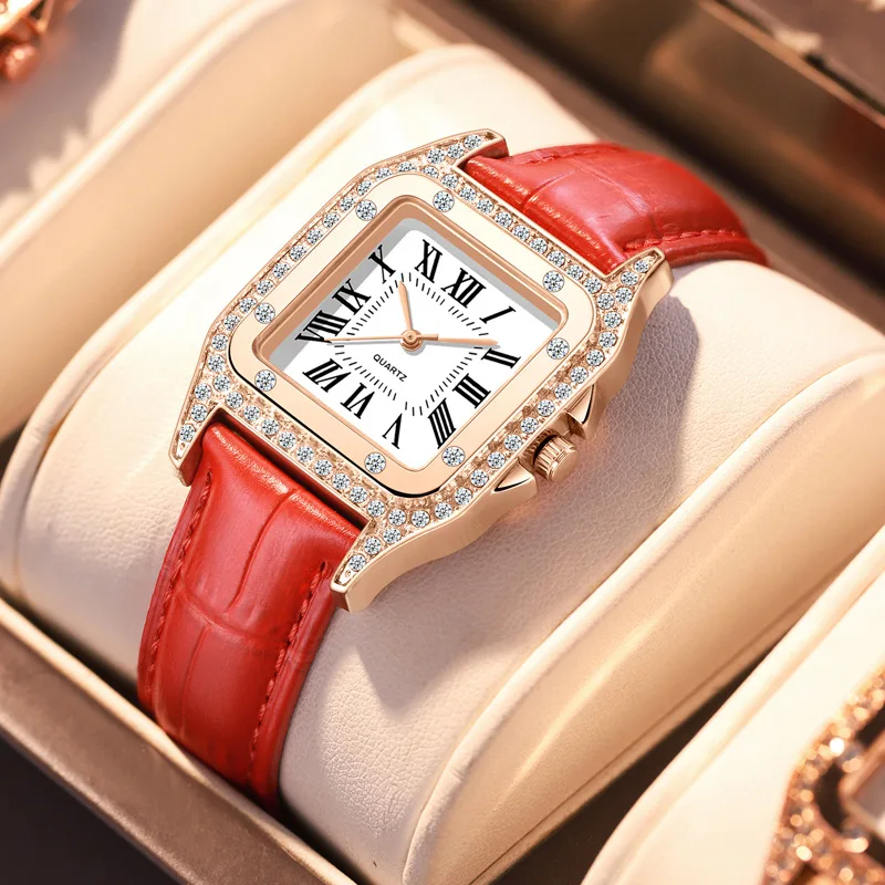 Fashion diamond inlaid Roman square women's watch with quartz strap for women's watches