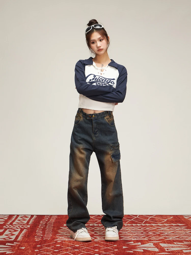 Women Jeans Retro Hip Hop European Style Mopping Trousers Schoolgirl Daily Fashion Leisure Wide Leg Comfortable Versatile 2023