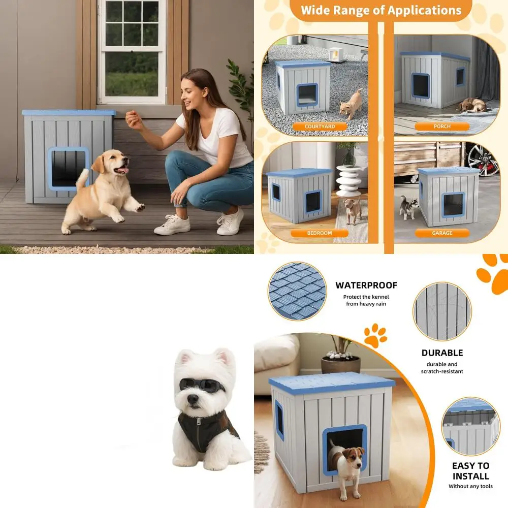 

Компактный уличный домик для собак с наклонной крышей, водонепроницаемый, вентилируемый, легко чистится, с приподнятым полом для маленьких собак (синий, 24.65x21.5x2)