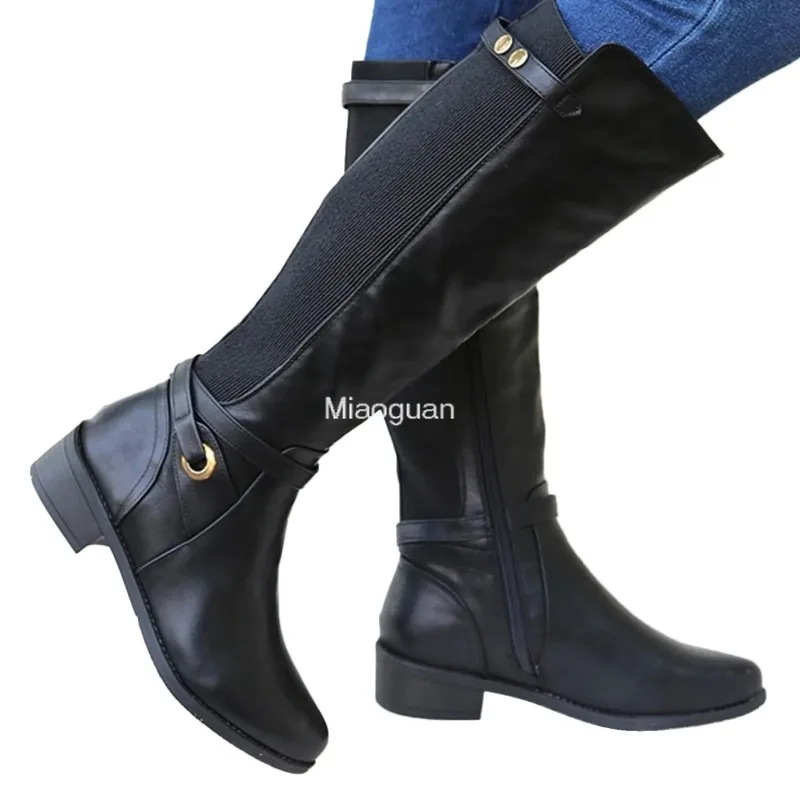 Bottes en cuir PU à talon épais pour femmes, chaussons longs, bottes hautes au genou pour dames, chaussures gothiques, mollet large, automne, hiver