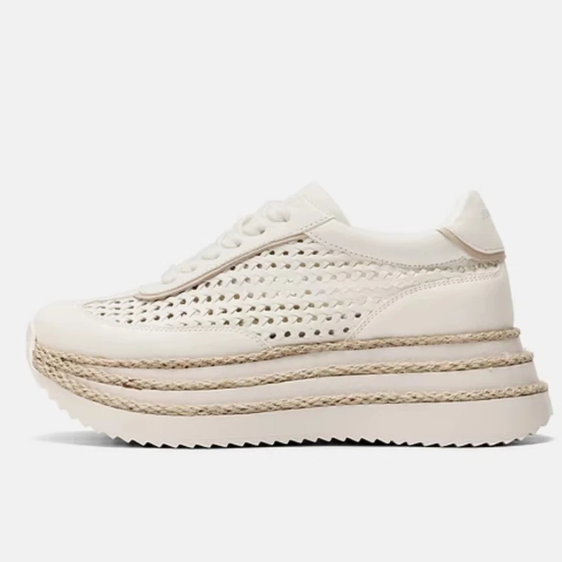 Genuine Leather Mesh Woven Breathable Training Shoes for Women's Ultra-Light Comfort Heightening Shoes Thick Soles Casual Shoes