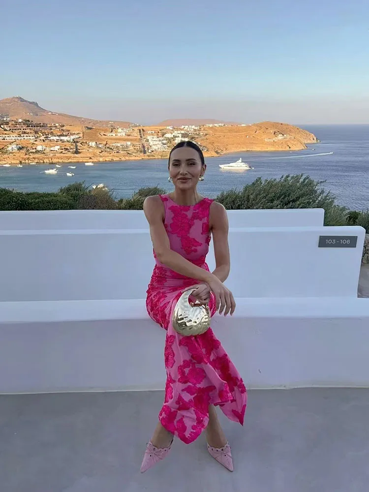 2026 여름 해변 휴가 롱 드레스 여성 우아하고 시크한 O넥 민소매 장미 메쉬 자수 바디콘 맥시 드레스