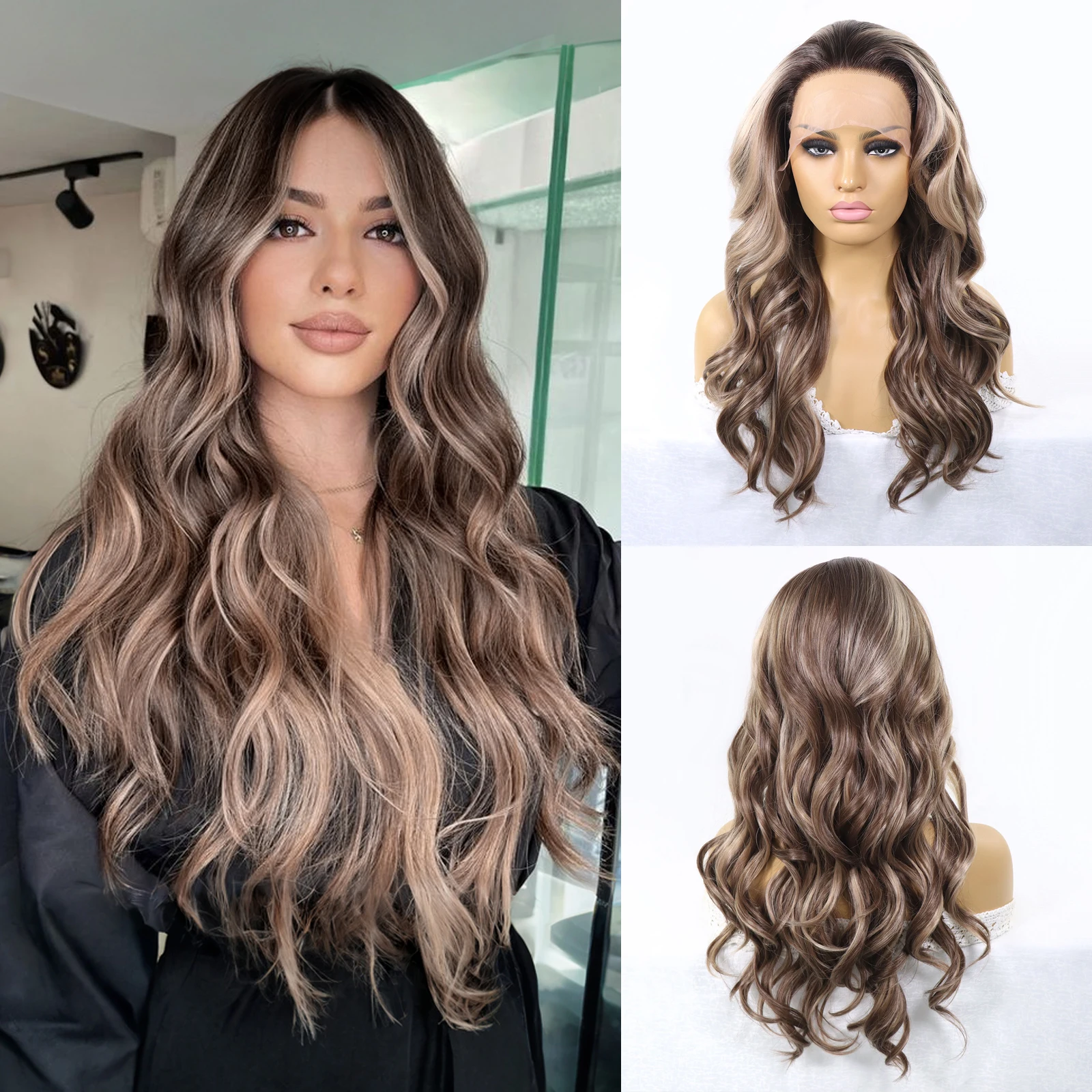 

26-дюймовый женский коричневый синтетический длинный волнистый парик с темными корнями 13 × 3-дюймовый парик фронта шнурка со свободной частью для повседневного использования и вечеринок