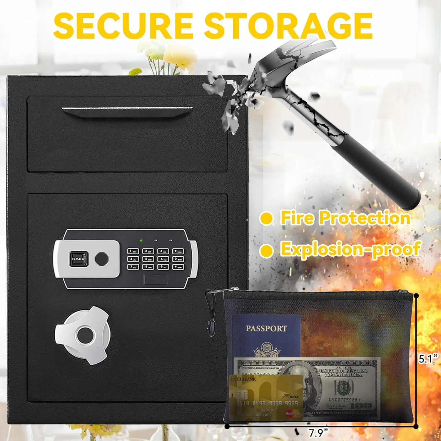 2,6 CUB Depository Drop Safe Feuerfest, Front Drop Slot Lock Box mit digitaler Kombination und Anti-Angeln, Silent Deposit Safe