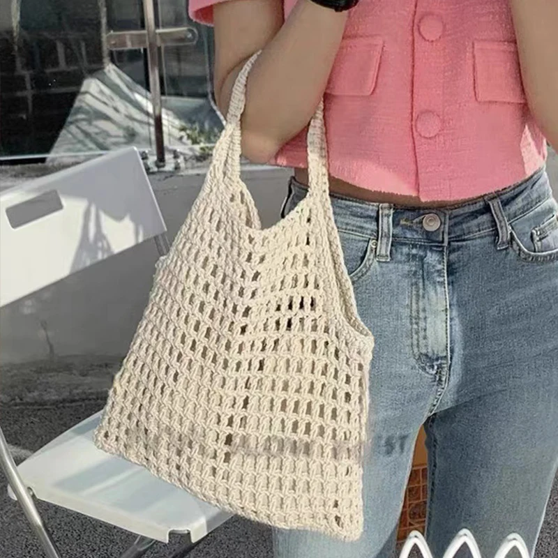 Summer Fashion Knitted Shoulder Bags Hollow Out Weaving Tote Bag Large Capacity Beach Handbags Bohemian Hand-Woven Underarm Bags