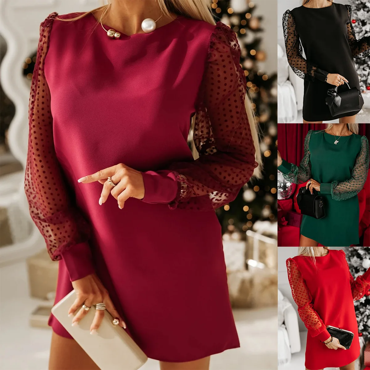 Vestidos De Mujer Autumn Winter Women's Versatile Short Skirt Round Neck Solid Color Stitching Hollow Long Sleeve Commuter Dress