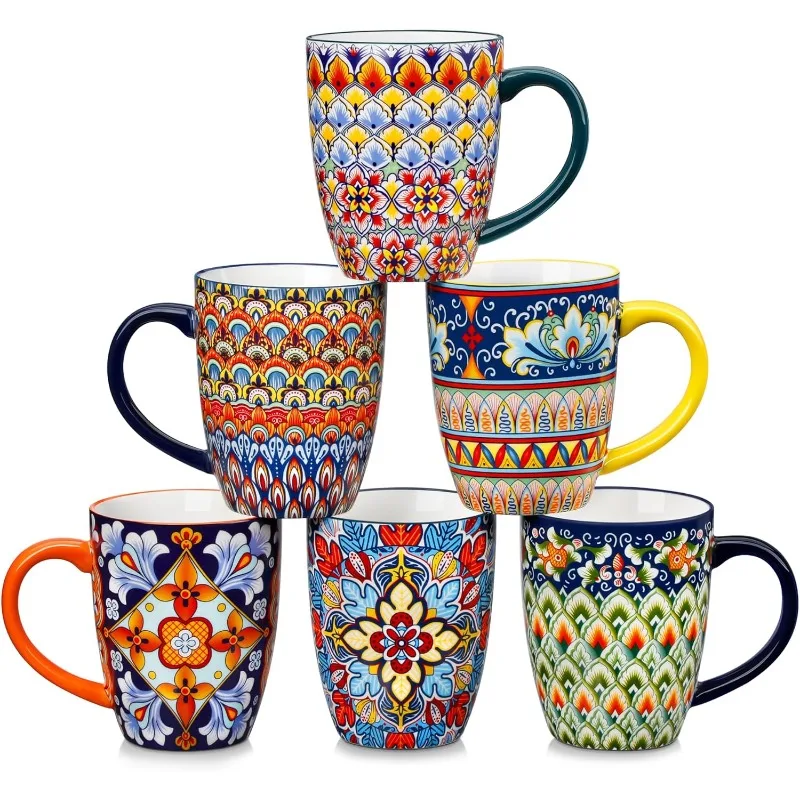 

16 oz Coffee Mugs Set of 6, Large Ceramic Mug with Handle, Boho Coffee Cups for Latte, Cappuccino & Hot Chocolate, Dishwasher