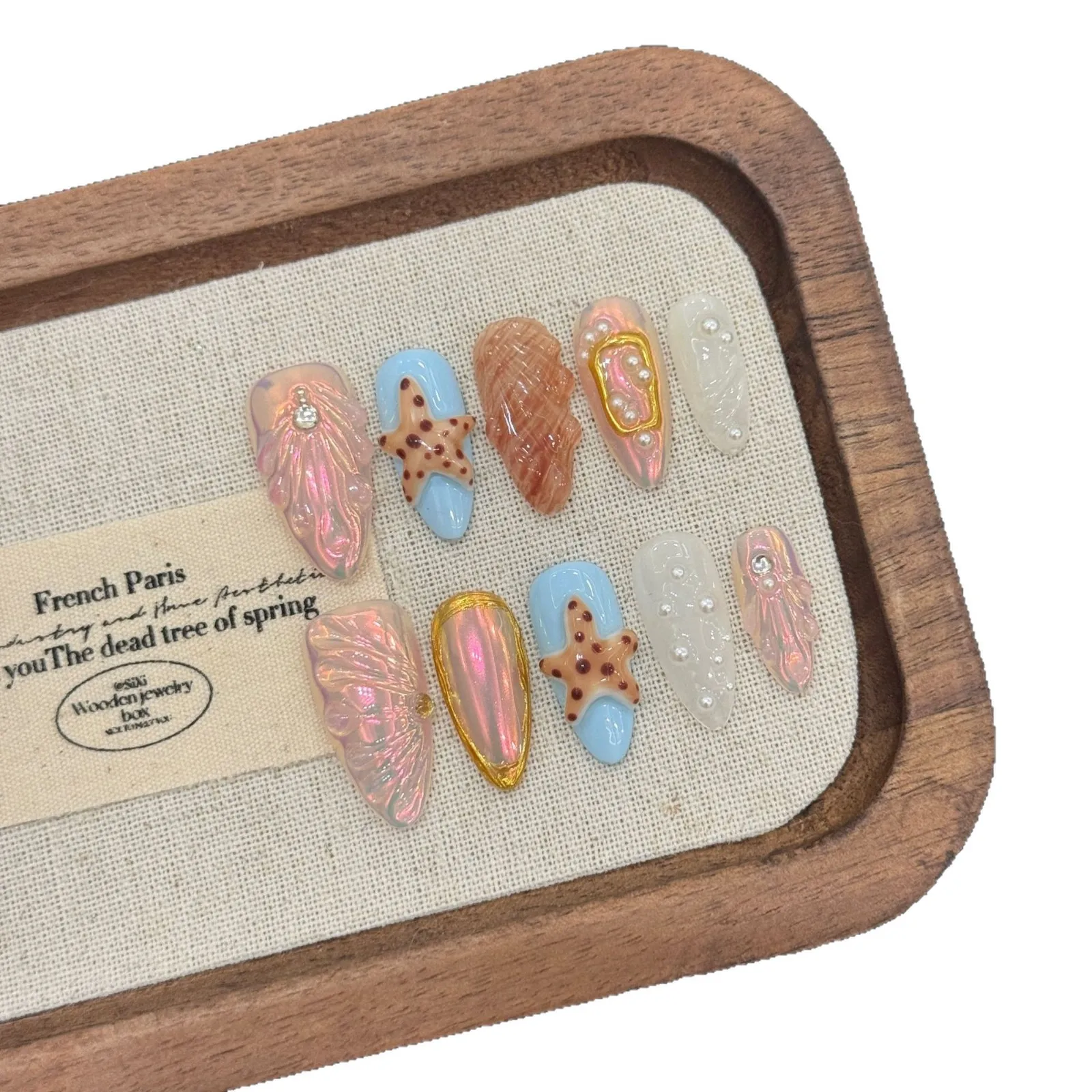 10 قطع اليدوية الفرنسية اللوز الصحافة على الأظافر حورية البحر بريق قذيفة نجم البحر تصميم وهمية مسمار يمكن ارتداؤها مسمار الفن عطلة الصيف الساخن #4