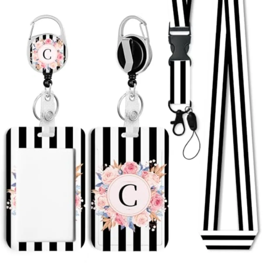 Initial ID Badge Holder with Clip Badge Reels Retractable Heavy Duty, Lanyard and Keychain, ID Holder for School Nurse Office B