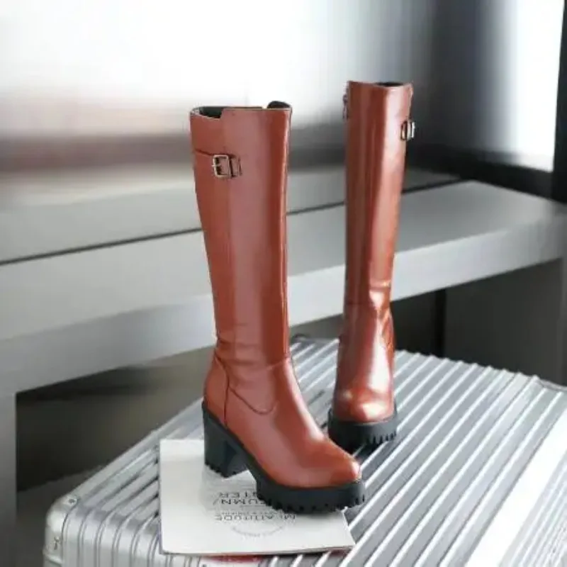 2025 Winter Platform Knee High Boots Women Fashion Round Toe Warm Long Boot Thick Heel Woman Shoes Large Size 43 Bottes Femmes