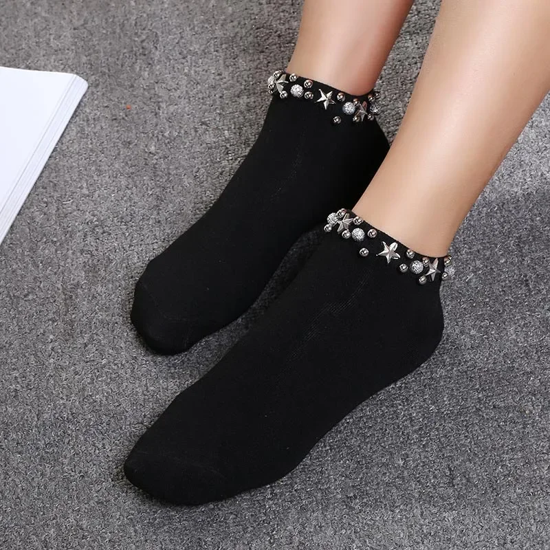 Handmade Japan Pearl Stars Fishnet Socks Women Creative Reto College Style Socks Harajuku Hollow Out Calcetines Mujer