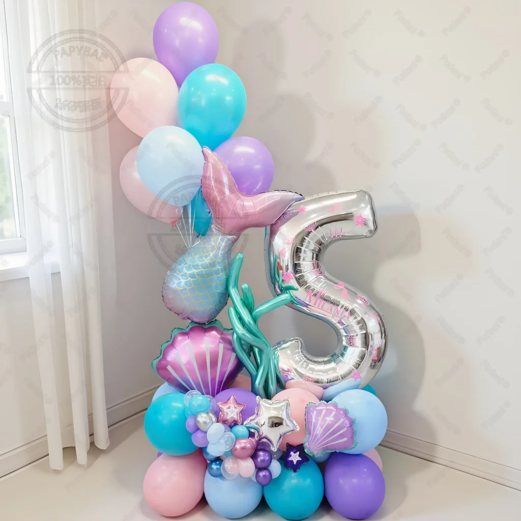 72-teiliges Meerjungfrauenschwanz-Ball-Set mit digitaler Folienballon, Meerjungfrau, Ozean, Märchen, Meer, Thema, Mädchen, Geburtstag, Party, Nummer 0–9, Dekoration