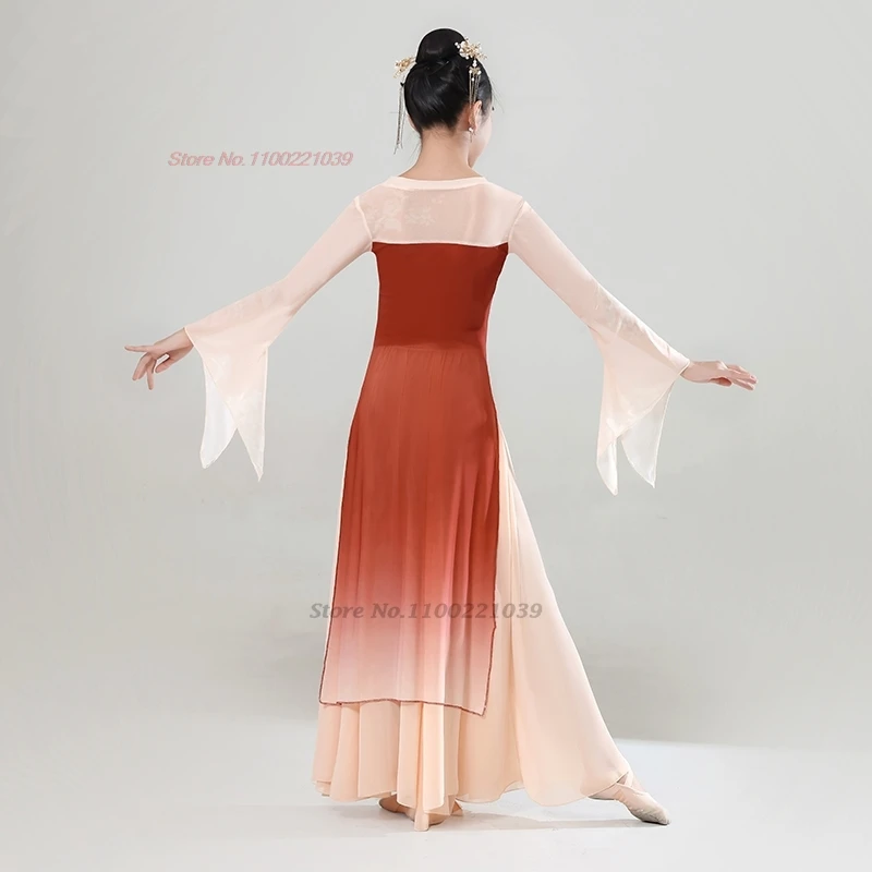 Traje de baile vintage para niños chinos 2025, tops hanfu de malla con estampado de flores tradicionales + conjunto de falda, vestido de baile puesta en escena