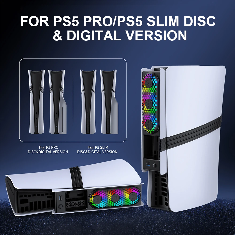 

Вентилятор охлаждения для PS5 Pro/PS5 Slim с USB-портом и RGB-подсветкой для PlayStation 5 Pro/Slim (дисковая и цифровая версии)