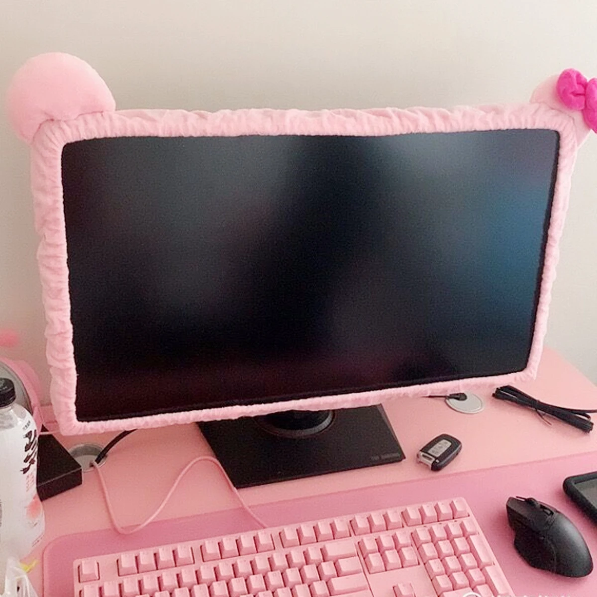 Pink Cute Fabric Computer Frame Cover Monitor Screen Dust Cover With Elastic Pen Pocket Bow Home Decorations