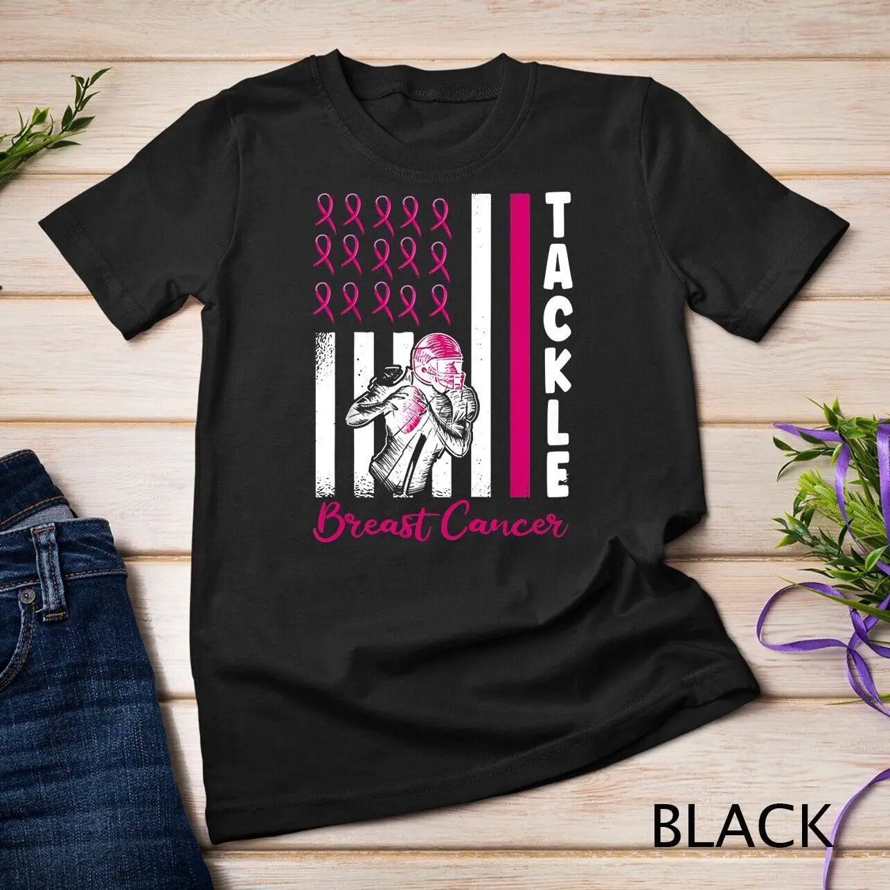 Tackle Football US Flag Pink Ribbon Breast Cancer Awareness Unisex T-shirt