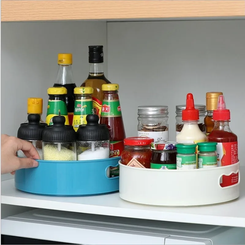 360 Rotatable Plastic Tray Spice Jar Plate Kitchen Storage Rack Shelf Seasoning Condiment Holder Cosmetic Container Organizer